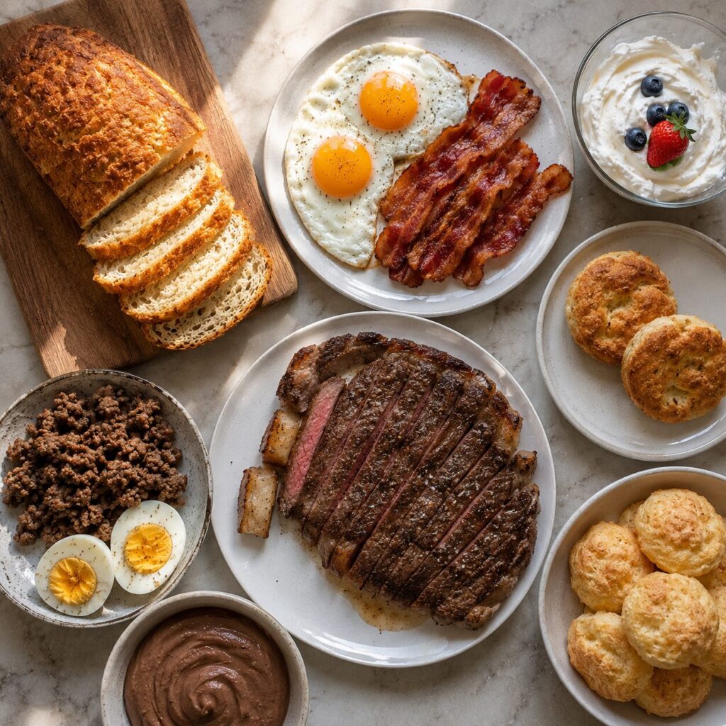 Curated collection of carnivore dishes including bread, steak, and dessert