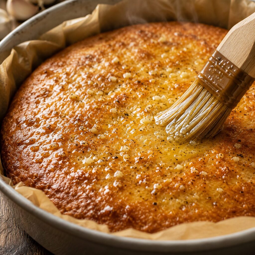 Pastry brush applying garlic butter to warm carnivore bread
