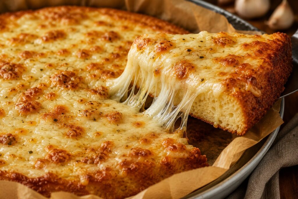 Carnivore garlic bread topped with melted, golden mozzarella