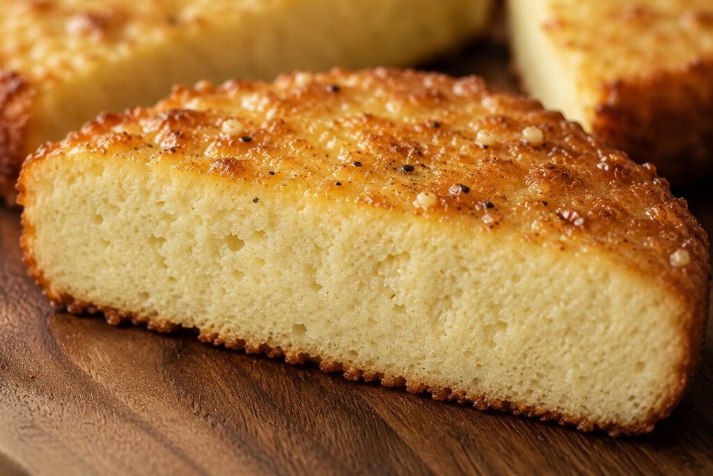 Cross section of sliced carnivore garlic bread showing set interior