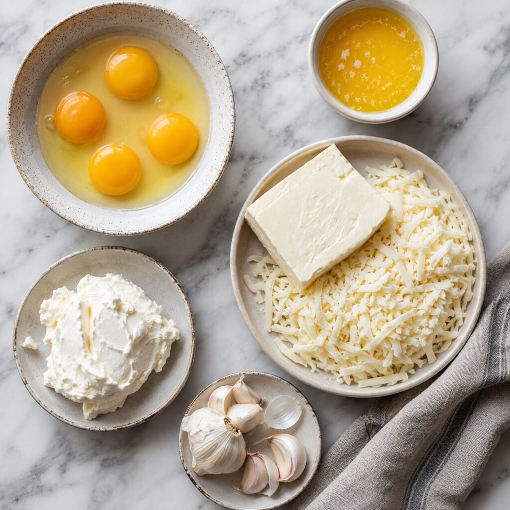 Eggs, mozzarella, cream cheese, butter, and garlic arranged on a countertop