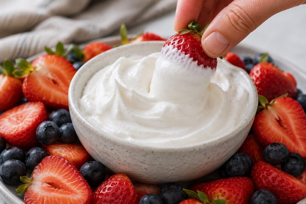 Fresh berries being dipped into a bowl of protein marshmallow fluff	
