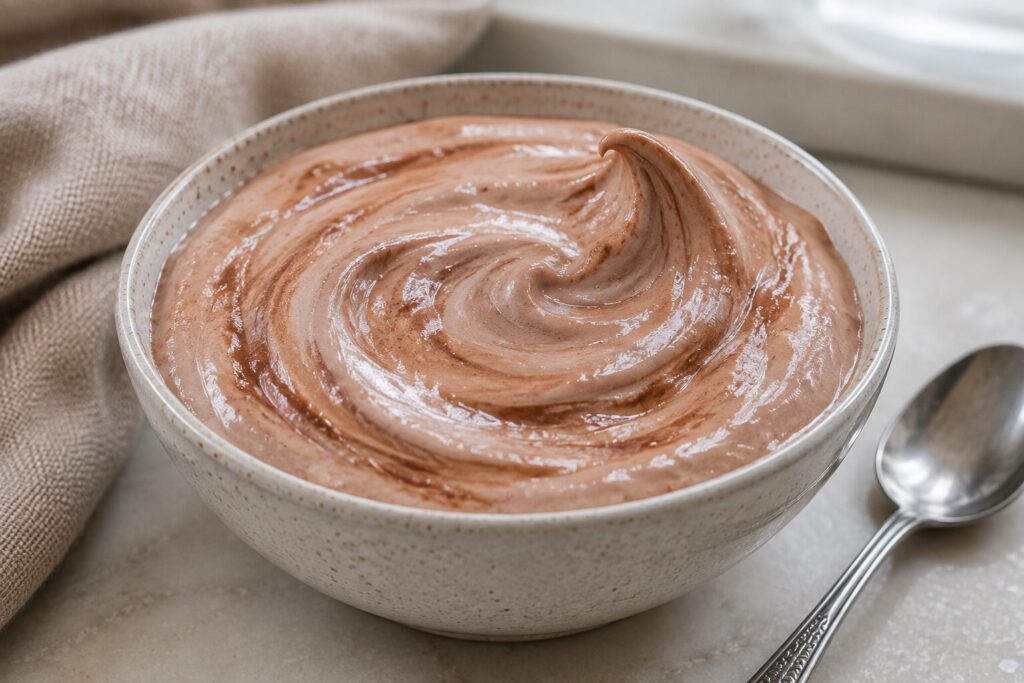 Bowl of chocolate-swirled high protein marshmallow fluff	