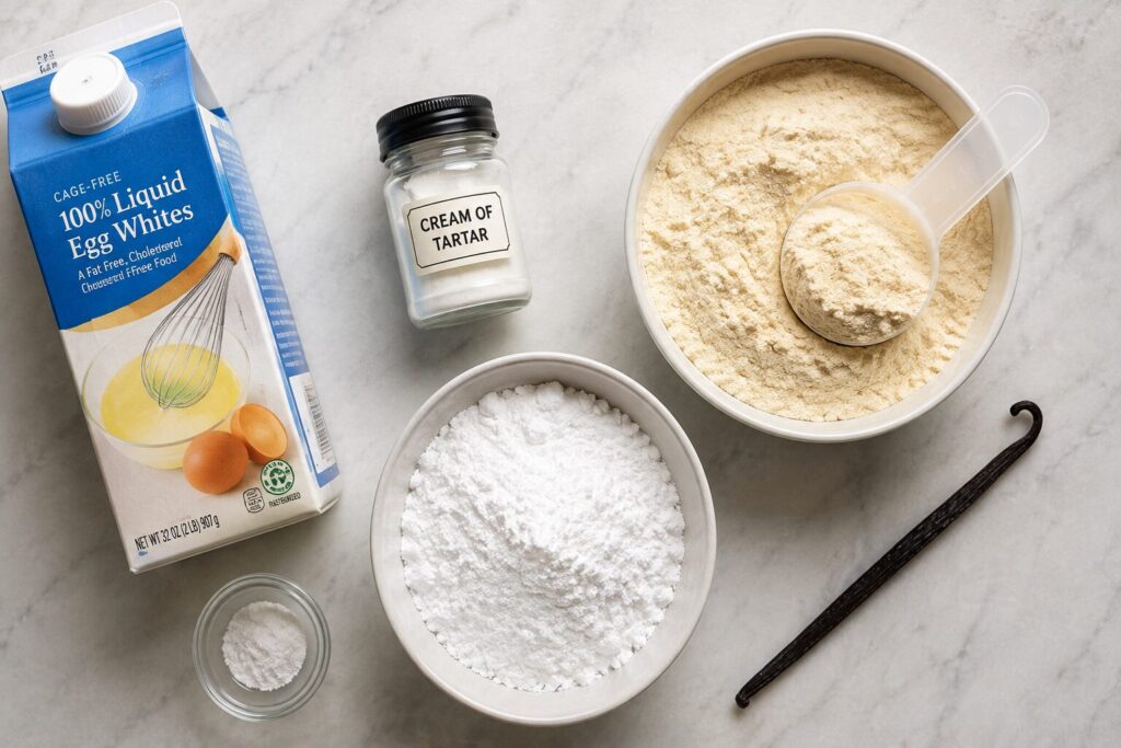 Egg whites, protein powder, and sweetener arranged on a countertop	