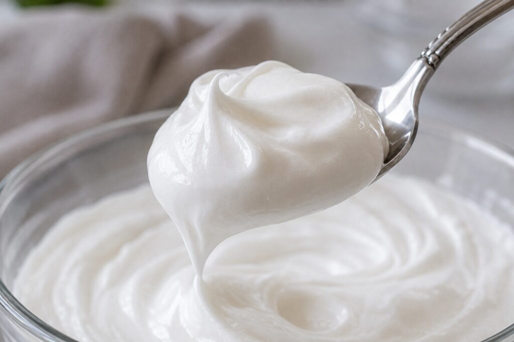 Spoon holding a thick, glossy scoop of protein marshmallow fluff	