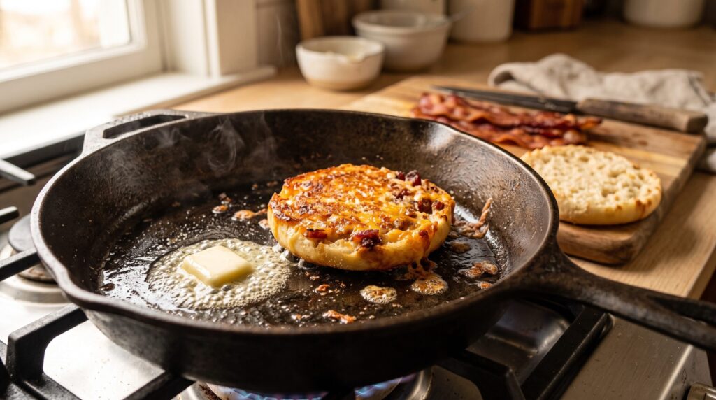 Carnivore English muffin toasted until golden and crispy in a skillet