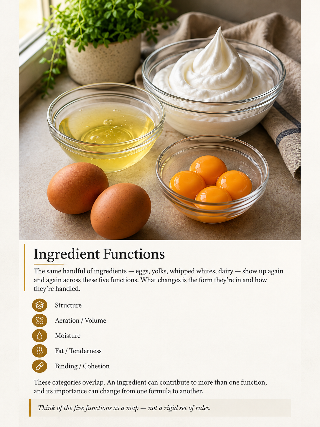 Page from The Carnivore Baking Guide on ingredient functions: structure, aeration and volume, moisture, fat and tenderness, binding and cohesion