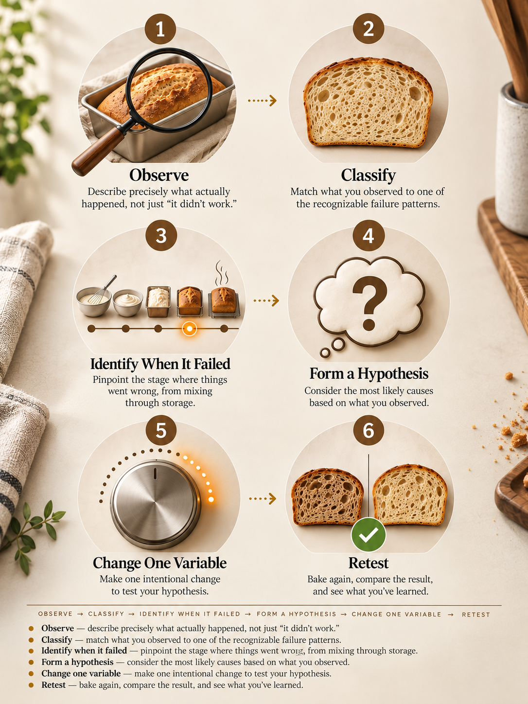 Page from The Carnivore Baking Guide showing the diagnostic sequence: observe, classify, identify when it failed, form a hypothesis, change one variable, retest