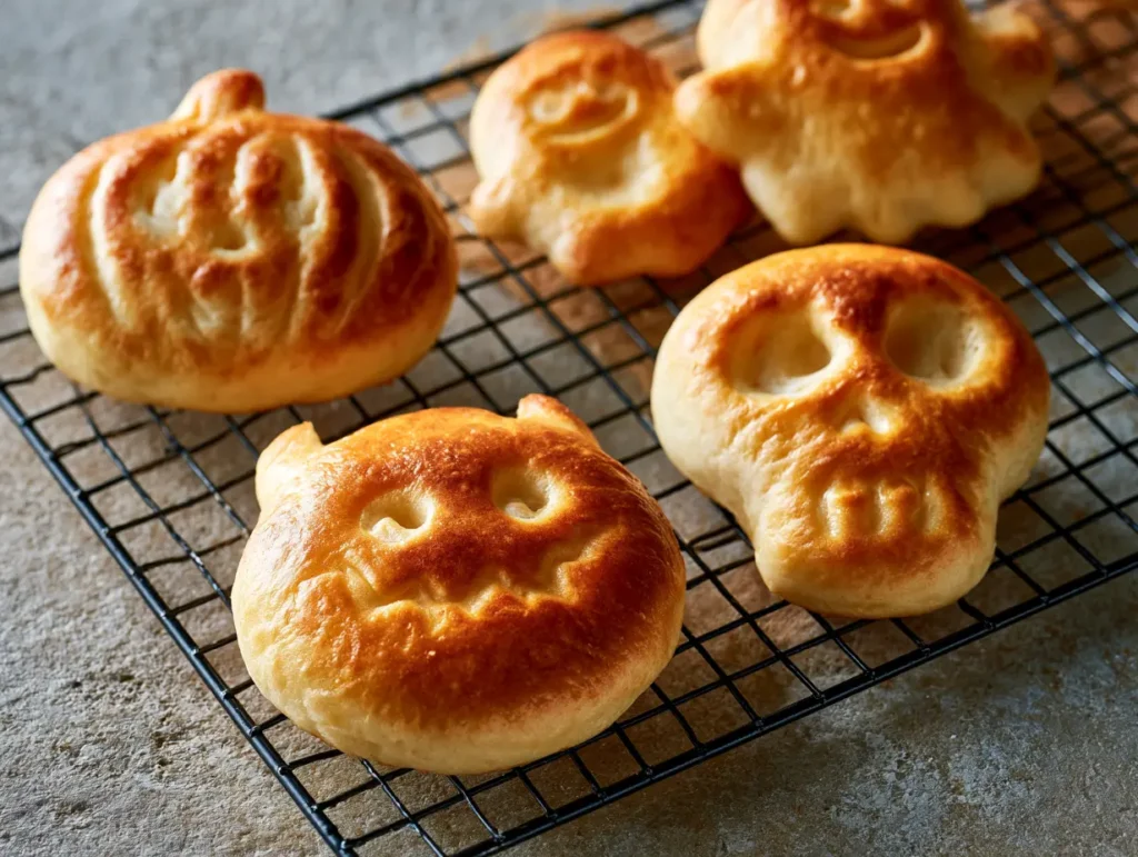 Baked carnivore Halloween burger buns with spooky shapes
