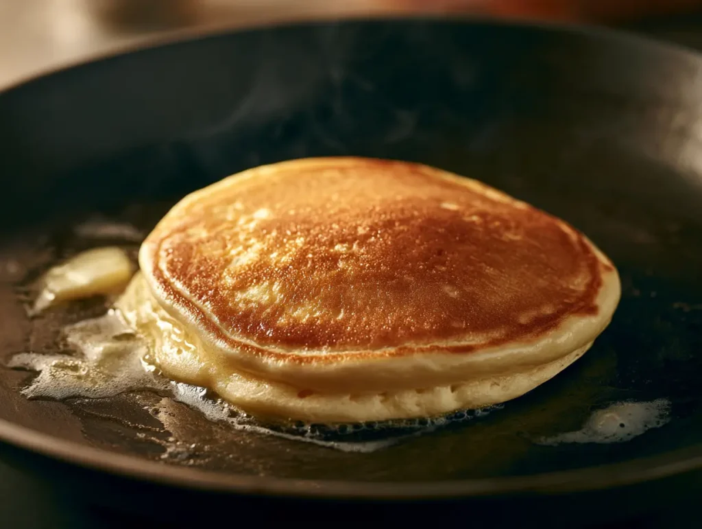 Carnivore soufflé pancake cooking in a buttered skillet
