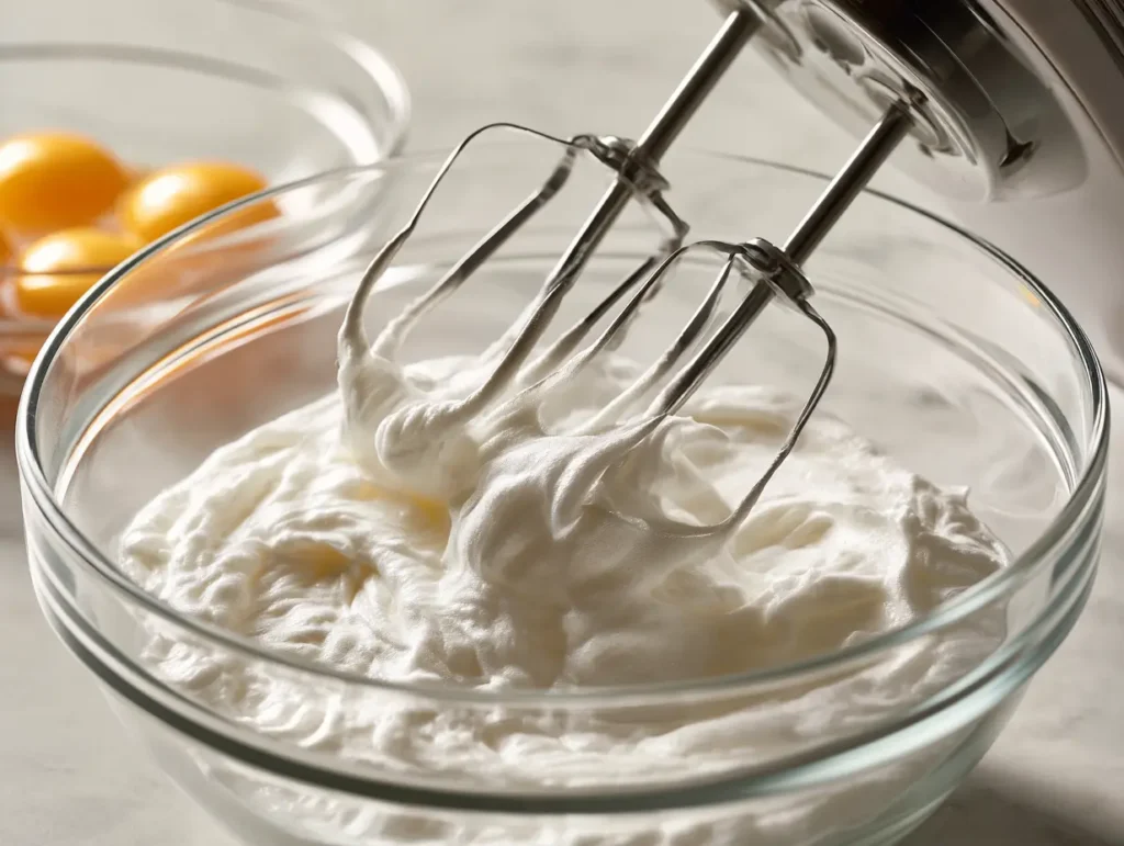 Whipping egg whites with an electric mixer for carnivore soufflé pancakes
