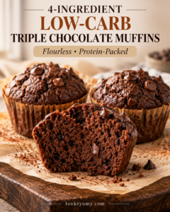 Three low-carb triple chocolate protein muffins with cocoa powder and chocolate chips, including one cut open to show the interior.