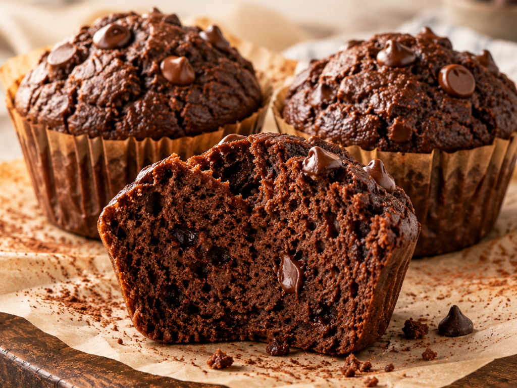 4-Ingredient Low-Carb Triple Chocolate Muffins (High-Protein) 2 Three low-carb triple chocolate protein muffins with cocoa powder and chocolate chips, including one cut open to show the interior.