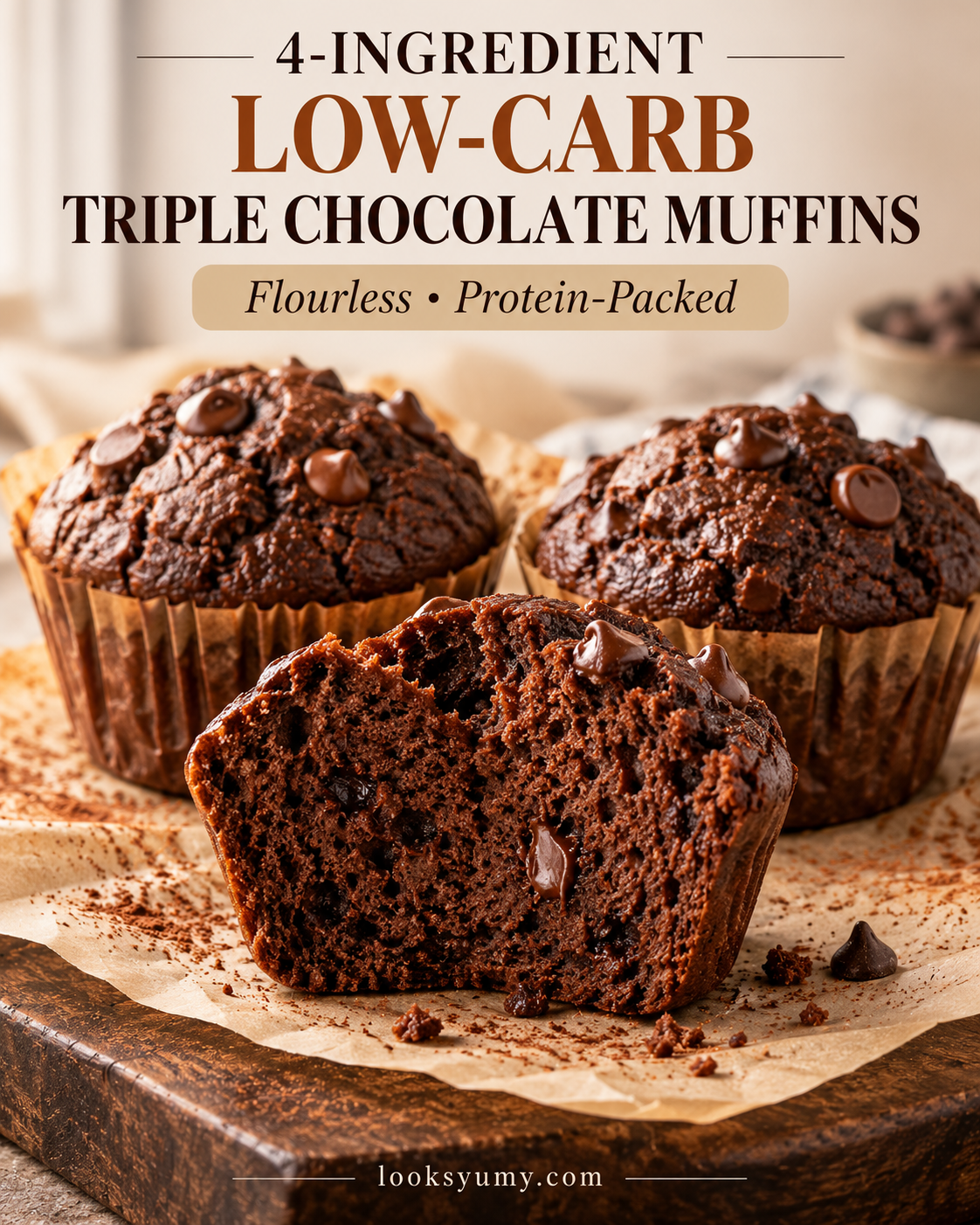 4-Ingredient Low-Carb Triple Chocolate Muffins (High-Protein) 1 Three low-carb triple chocolate protein muffins with cocoa powder and chocolate chips, including one cut open to show the interior.