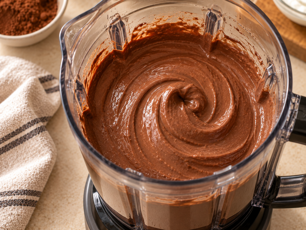 Smooth chocolate yogurt mixture blended with cocoa powder before adding it to silicone molds. Title: Blending Chocolate Yogurt Gummies