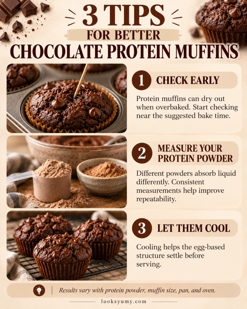 4-Ingredient Low-Carb Triple Chocolate Muffins (High-Protein) 5 Chocolate protein muffins cooling on a rack, illustrating baking tips for checking doneness, measuring protein powder, and cooling.