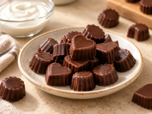 Homemade chocolate yogurt gummies arranged on a ceramic plate. Title: Chocolate Yogurt Gummies