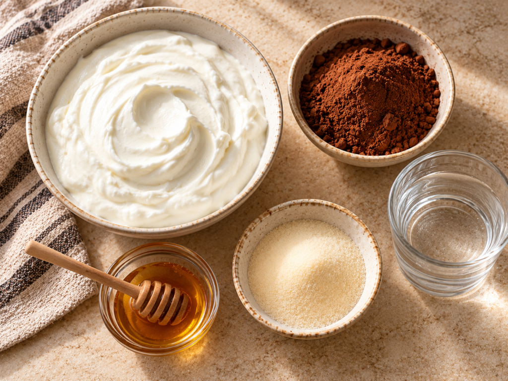 Greek yogurt, cocoa powder, gelatin, water, and optional honey for chocolate yogurt gummies. Title: Chocolate Yogurt Gummies Ingredients