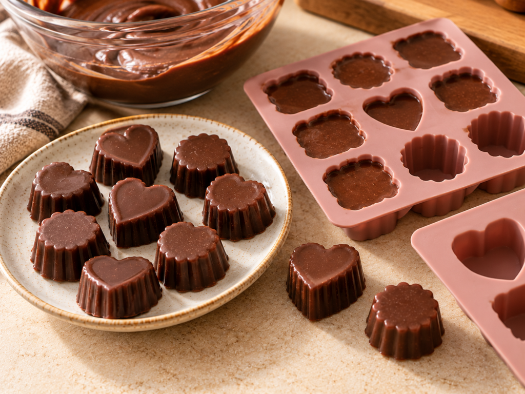 Chocolate yogurt gummies set in silicone molds with finished gummies arranged beside them. Title: Chocolate Yogurt Gummies in Silicone Molds