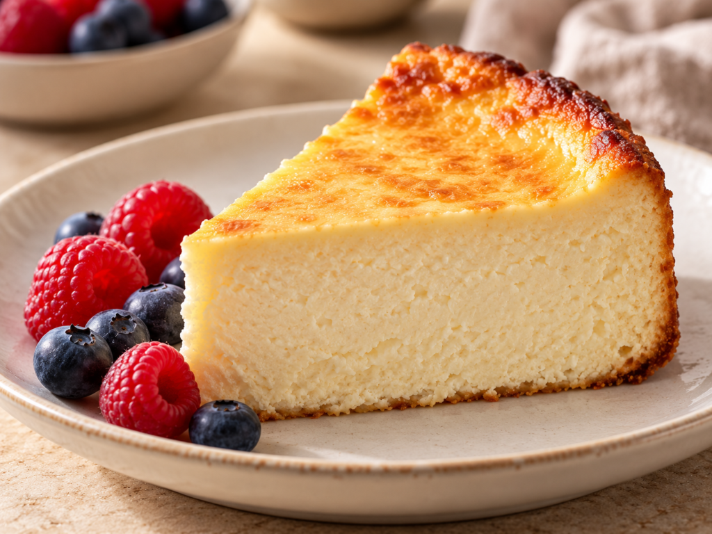 Slice of creamy farmer cheese cheesecake with lightly golden edges on a white plate. Image title: Creamy Farmer Cheese Cheesecake Slice