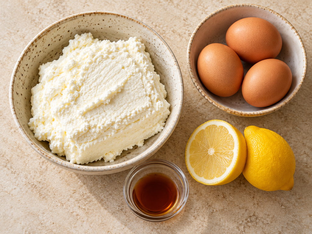 Farmer cheese, three eggs, lemon, and vanilla extract for a four-ingredient cheesecake. Image title: Farmer Cheese Cheesecake Ingredients
