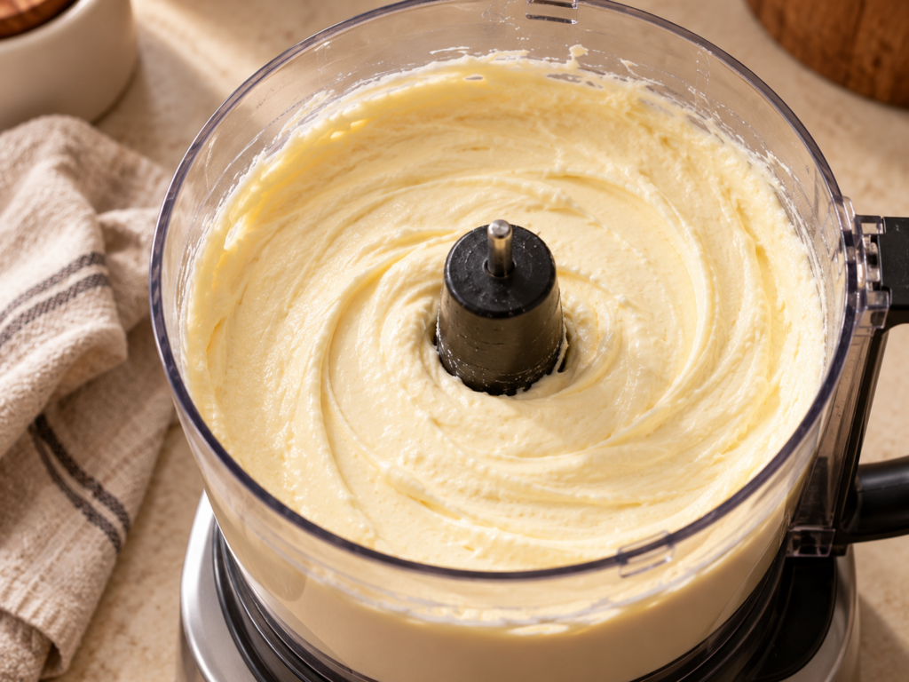 Smooth farmer cheese cheesecake batter blended in a food processor before baking.