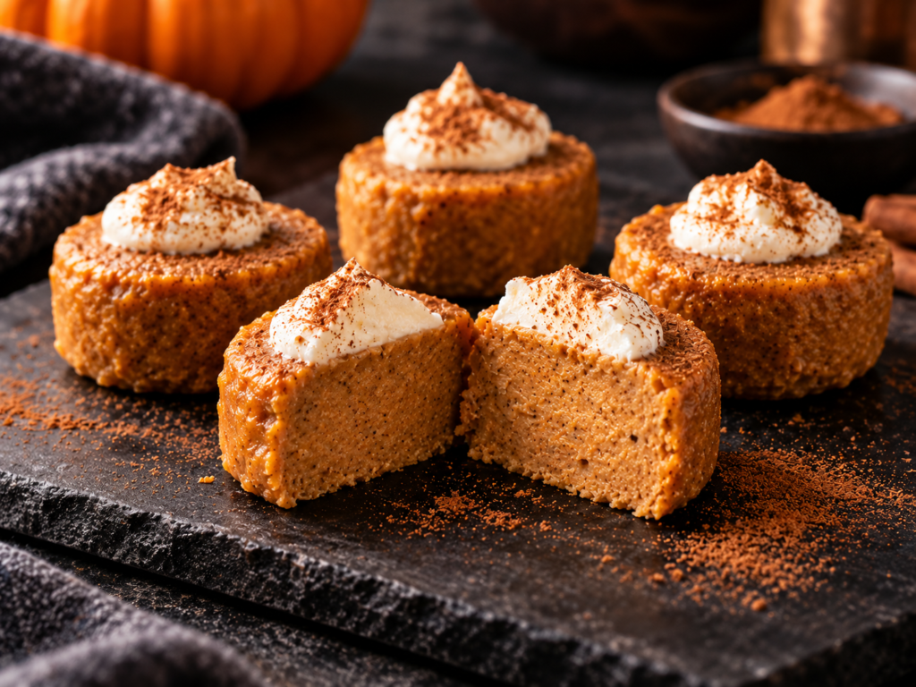 Five finished, matte-texture pumpkin pie protein bites are arranged neatly on a dark slate serving board. One bite has been cut in half to show the soft, dense, uniform interior texture.