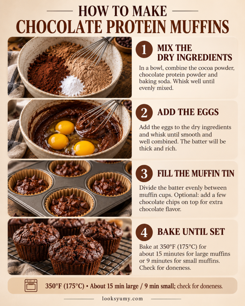 4-Ingredient Low-Carb Triple Chocolate Muffins (High-Protein) 4 Chocolate protein muffin preparation showing mixed batter, filled muffin cups, and baked muffins cooling on a rack.