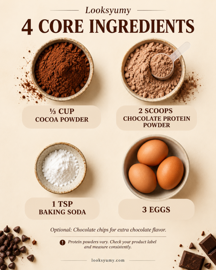 4-Ingredient Low-Carb Triple Chocolate Muffins (High-Protein) 3 Cocoa powder, chocolate protein powder, baking soda, and eggs arranged for low-carb chocolate protein muffins.