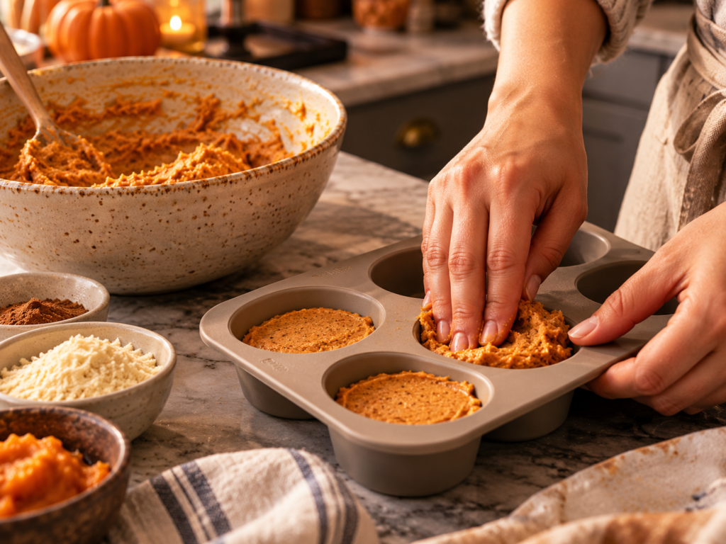 A photograph capturing a person's hands firmly pressing the thick pumpkin-protein mixture into individual wells of a flexible, orange silicone cupcake mold, leveling the tops.