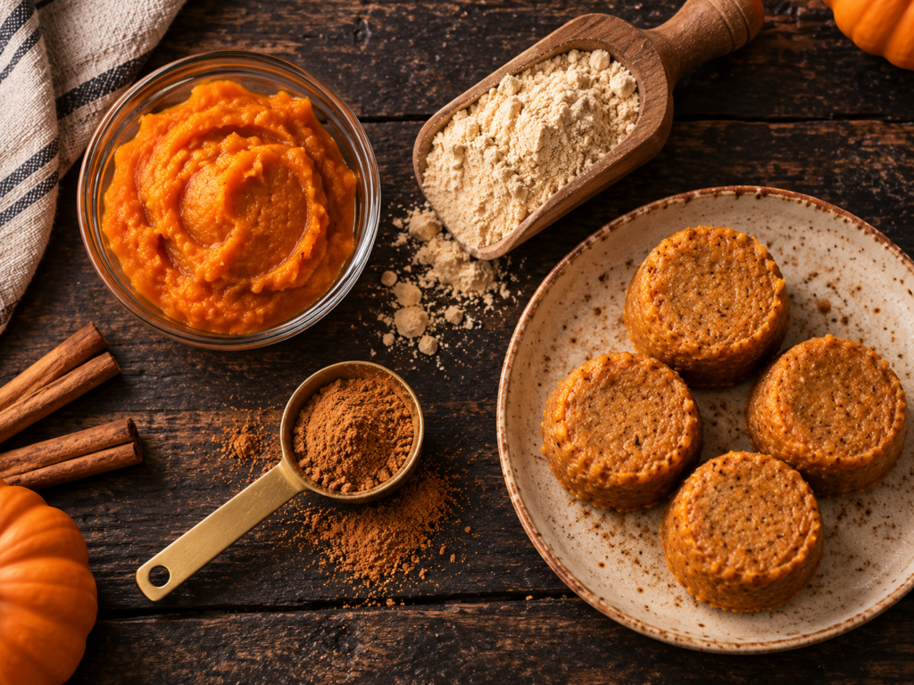 An overhead shot (flat lay) on a rustic wooden table. A bowl of smooth canned pumpkin puree sits next to a scoop of beige protein powder.